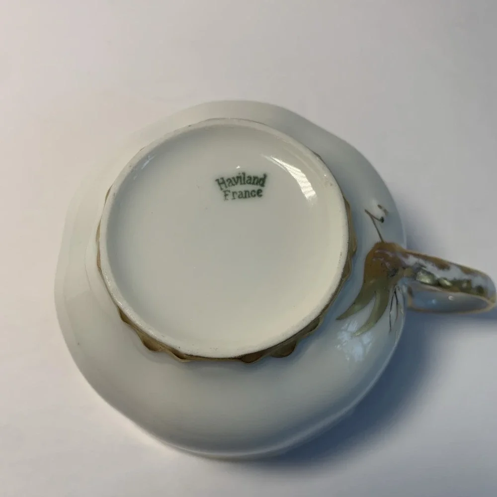 Haviland Limoges France Tea Cup Saucer Set White Gold Encrusted‎ Scalloped Edge